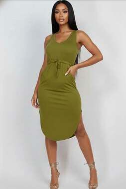 Capella Apparel Olive Green Sleeveless Drawstring Midi Dress with Pockets
